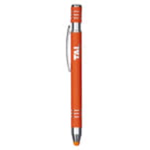 An orange metal pen with a silver clip, featuring branding and a sleek design.
