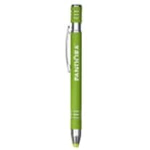 A green metal pen with a clip and a logo, featuring a sleek design and a silver accent.