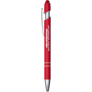 A red metal pen with chrome accents and a clip, featuring a logo on the barrel.