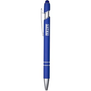 A blue metal pen with a silver clip and tip, featuring a logo.