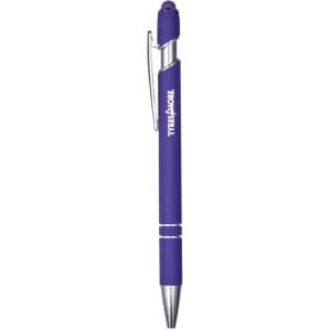A metal pen in vibrant purple with silver accents and a clip, featuring a logo on its body.