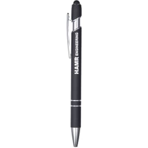 A black metal pen with silver accents and a stylus tip, featuring a logo on the barrel.