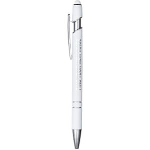 A metal pen in white, featuring a chrome clip and tip, with a stylus at the end and a logo.