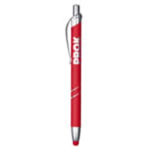 A red metal pen with a silver clip and a logo on the barrel.