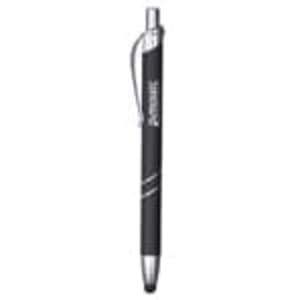A black metal pen with silver accents and a clip. Features a sleek design and a logo.
