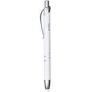 A white metal pen featuring a silver clip and a sleek design, with a logo on its body.