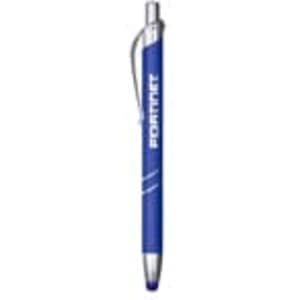 A blue metal pen with silver accents and a clip, featuring a branding logo.