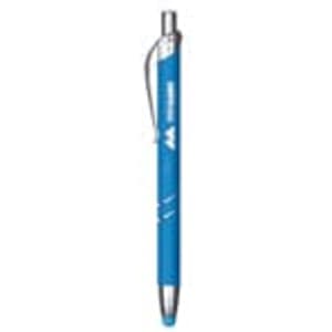 A blue metal pen with a silver clip and a logo, designed for writing.