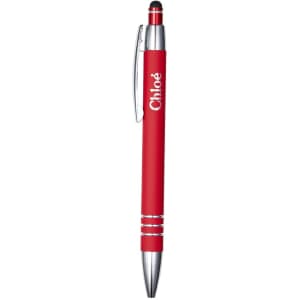 A metal pen in vibrant red with silver accents and a logo. It features a stylus tip on the end.