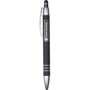 A metal pen in black with silver accents and a branded logo. Features a stylus tip on the end.