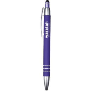 A purple metal pen with a silver clip and accents, featuring a rubber stylus tip and a logo.