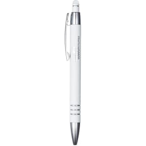 A metal pen in white with chrome accents and a logo. Features a stylus tip for touchscreen devices.