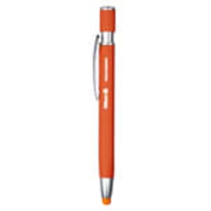 An orange metal pen with a silver clip and a rubber grip. The pen features a logo on its body.