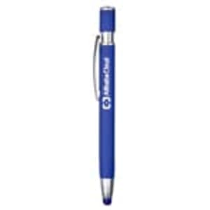 A blue metal pen featuring a shiny silver clip and branding on its barrel.