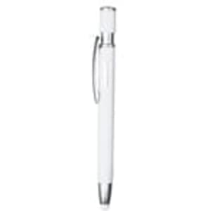 A metal pen in white with silver accents, featuring a clip and a sleek design. It has a branding logo.