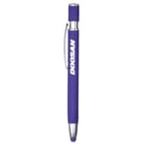 A purple metal pen with a silver clip, featuring a logo on the body.