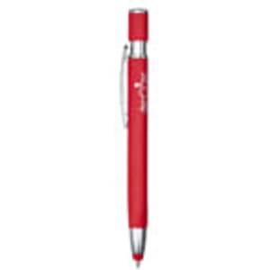 A red metal pen with a silver clip and a branding logo.