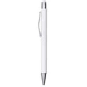 A white metal pen with a silver clip and tip, featuring a branding logo.