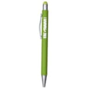 A metal pen in a bright green colour with a silver clip and tip, featuring a logo on the barrel.