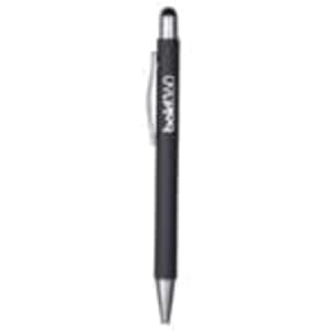 A sleek black metal pen with a shiny silver tip and clip, featuring a logo on the barrel.