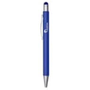 A blue metal pen featuring a sleek design and a clip, with a branding logo on the barrel.