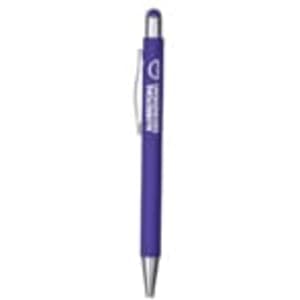 A purple metal pen with a silver clip and a logo on the barrel.