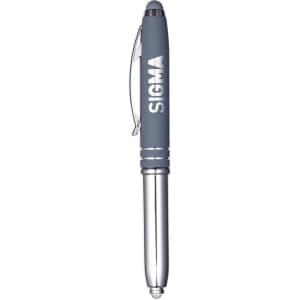 A grey stylus pen with a chrome clip and accents, featuring a logo on the barrel.