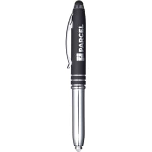 A stylus pen featuring a black barrel and chrome accents, with a logo on the side.