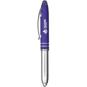 A purple stylus pen with a silver clip and tip. It features a branding logo on the barrel.