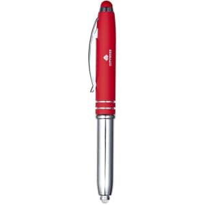 A red stylus pen with a chrome tip and clip, featuring a brand logo.