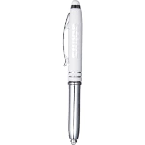 A white stylus pen with a silver tip and clip, featuring a logo on the barrel.