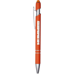 An orange metal pen featuring a silver clip and tip, with a logo on the body.