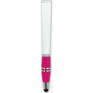 A stylus pen featuring a white upper section and a pink rubber grip, with silver accents and a branding logo.