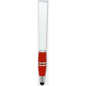 A stylus pen featuring a white barrel and a red grip, topped with a black stylus tip and silver accents.