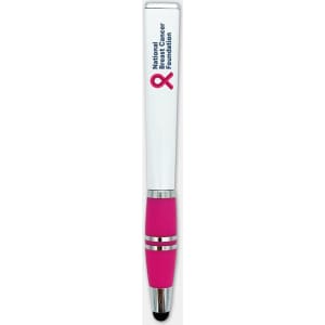 A stylus pen featuring a white barrel and a pink grip, adorned with a logo.