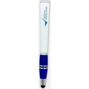 A stylus pen with a white body and blue rubber grip, featuring a branding logo near the top.