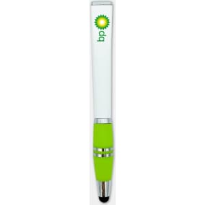 A sleek white and green stylus pen with a branding logo on the upper part.