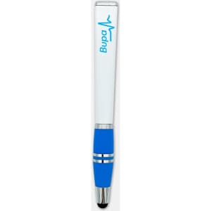 A stylus pen with a white body and blue grip, featuring a logo on the surface.