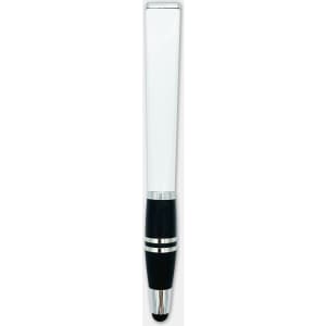 A stylus pen featuring a sleek white body with black accents and a chrome tip, complete with a branding logo.