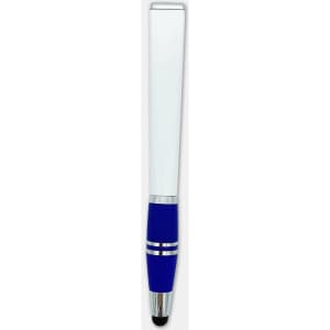 A stylus pen with a blue grip and silver accents, featuring a branding logo.