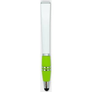 A stylus pen with a white body and a green grip, featuring a silver band and tip. It has a logo on the body.