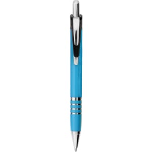 A metal pen in a bright blue hue, featuring a chrome clip and decorative silver rings. It has a branding logo.