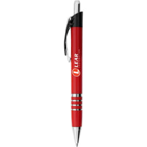 A metal pen in red with a chrome clip and rings, featuring a logo on the barrel.