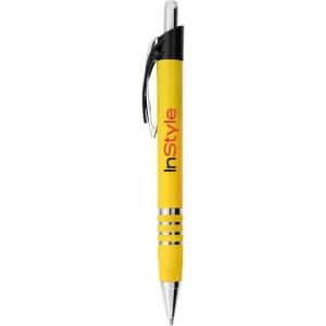 A yellow metal pen with a black clip and silver accents, featuring a logo.