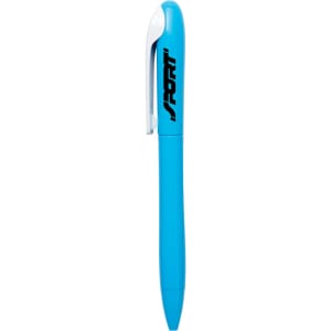 A blue plastic pen with a white clip and branding on the barrel.