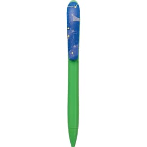 A plastic pen with a green barrel and a blue cap featuring a colourful star design. It has a branded logo.