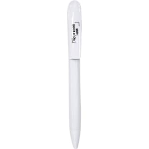 A plastic pen in white featuring a branding area on the barrel.