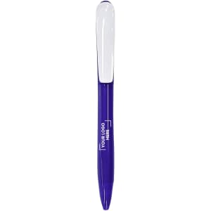 A purple plastic pen with a white cap and an area for a logo.