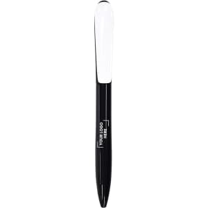A black plastic pen with a white top and a space for a logo. Ideal for promotional use.