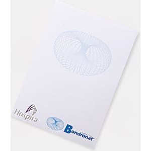 A5 notepad featuring white pages with a subtle blue design and branding logos at the bottom.